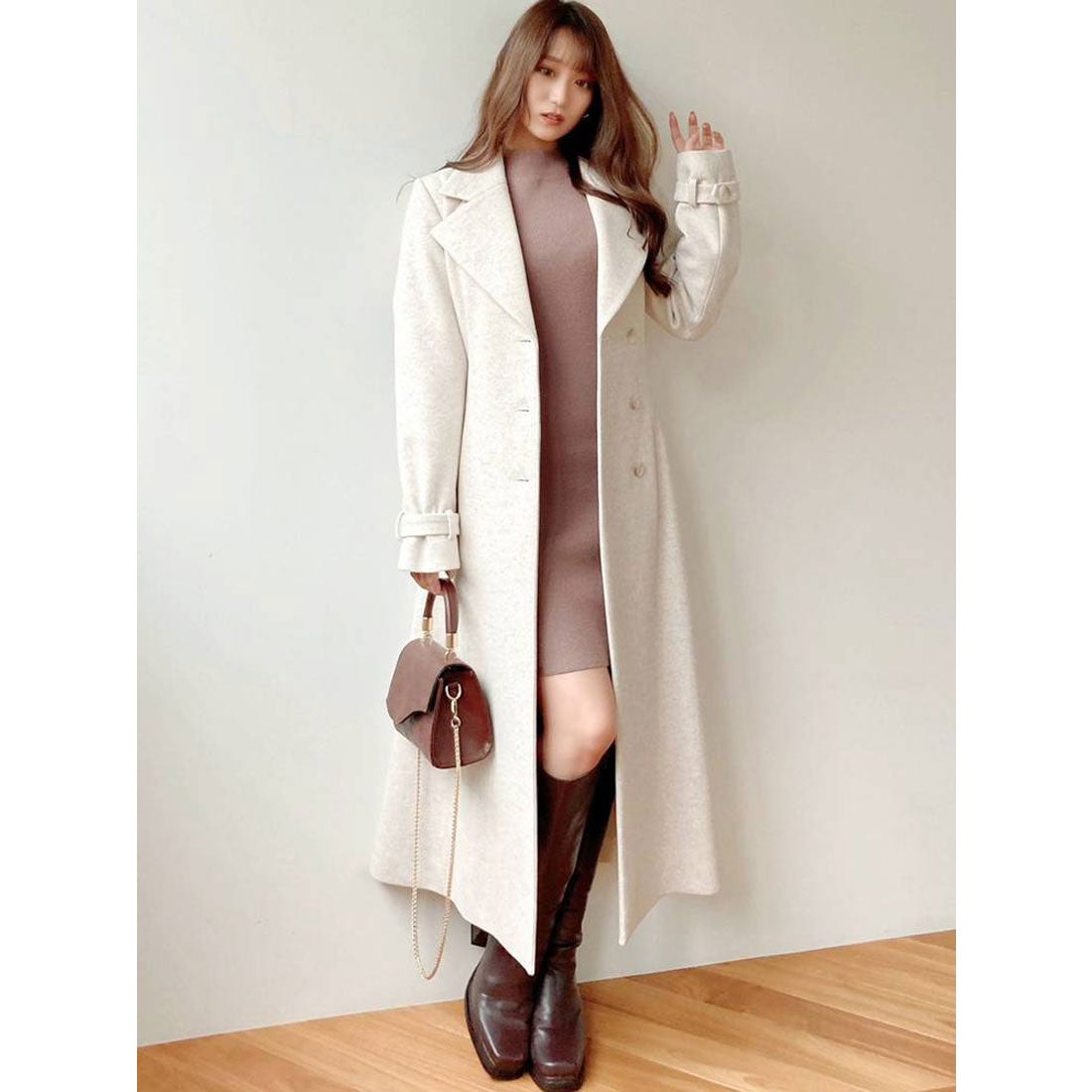 リゼクシー RESEXXY ビッグカラーロングコート （アイボリー） -靴