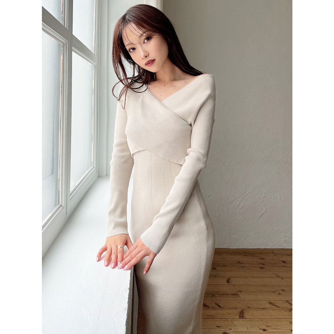 リゼクシー RESEXXY フロントクロスニットタイトワンピース （ベージュ