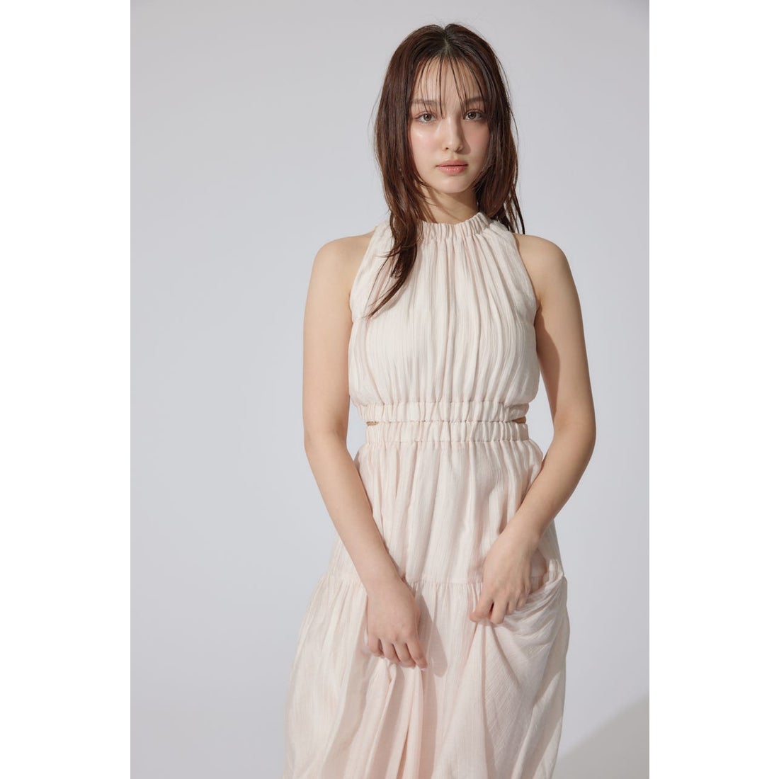 rienda ホルターネックギャザーフレアワンピース PNK -ファッション