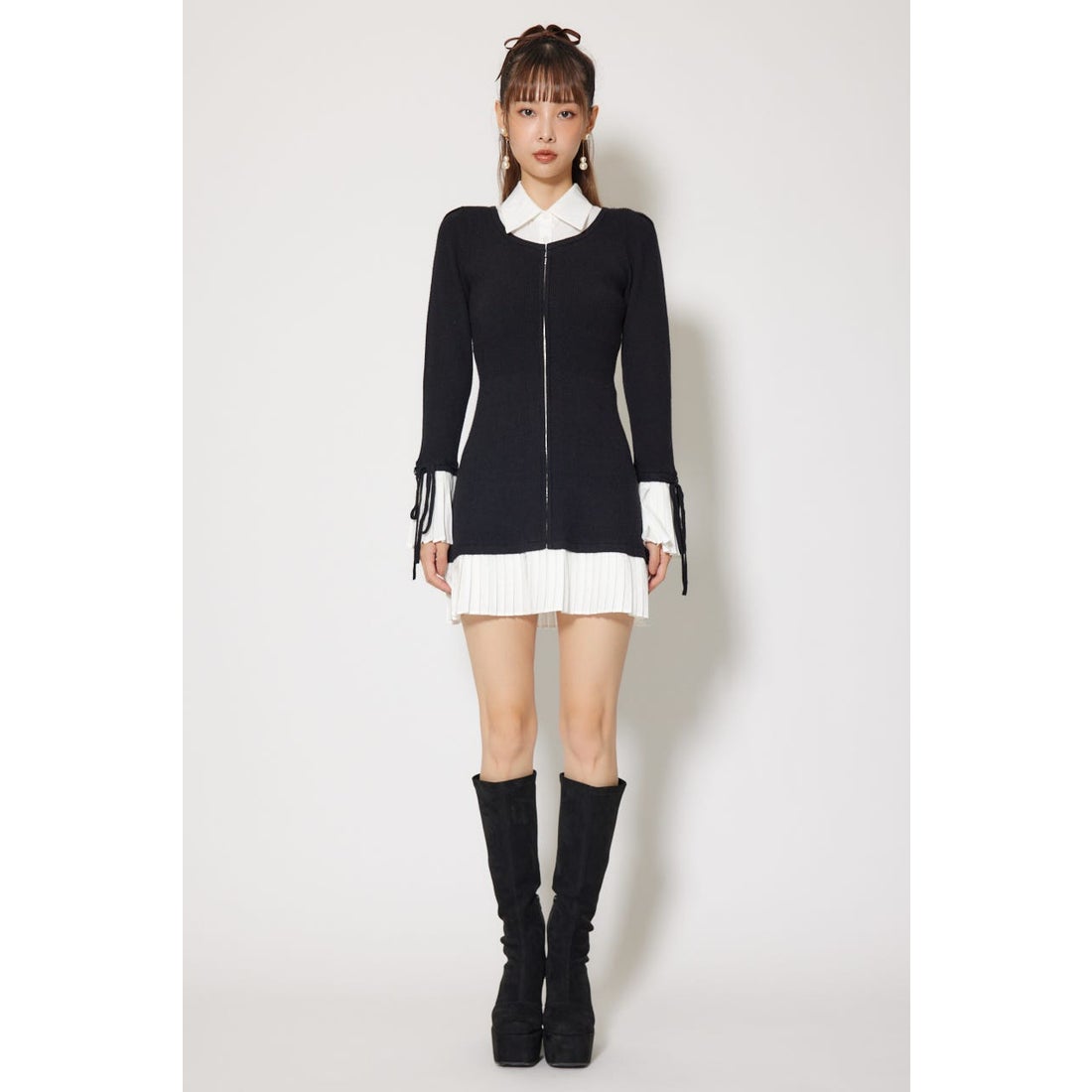 リエンダ rienda レイヤードパターンシャツニットミニワンピース （BRN