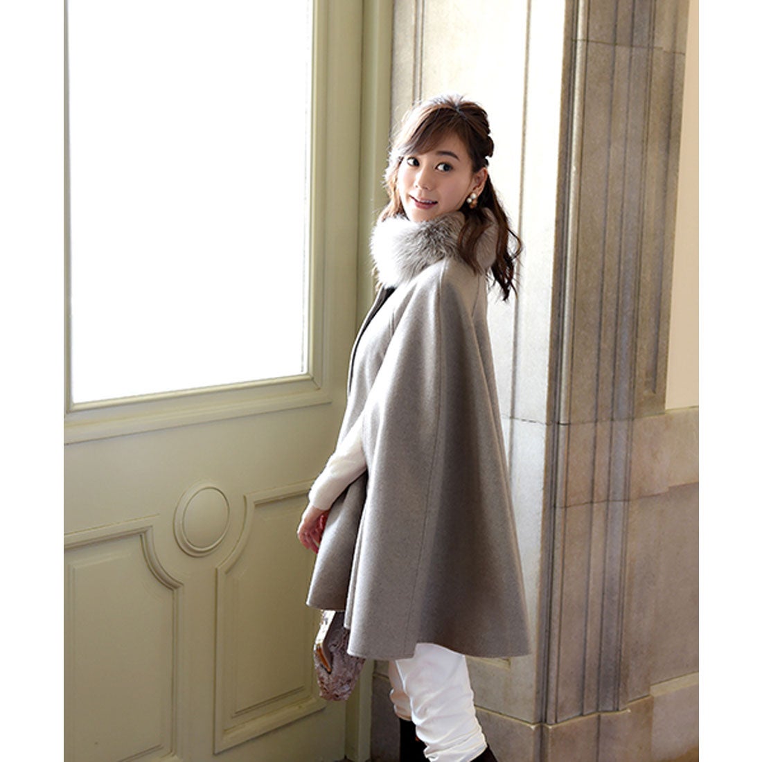RUIRUE BOUTIQUE フォックスファー付きケープコート(7号～15号