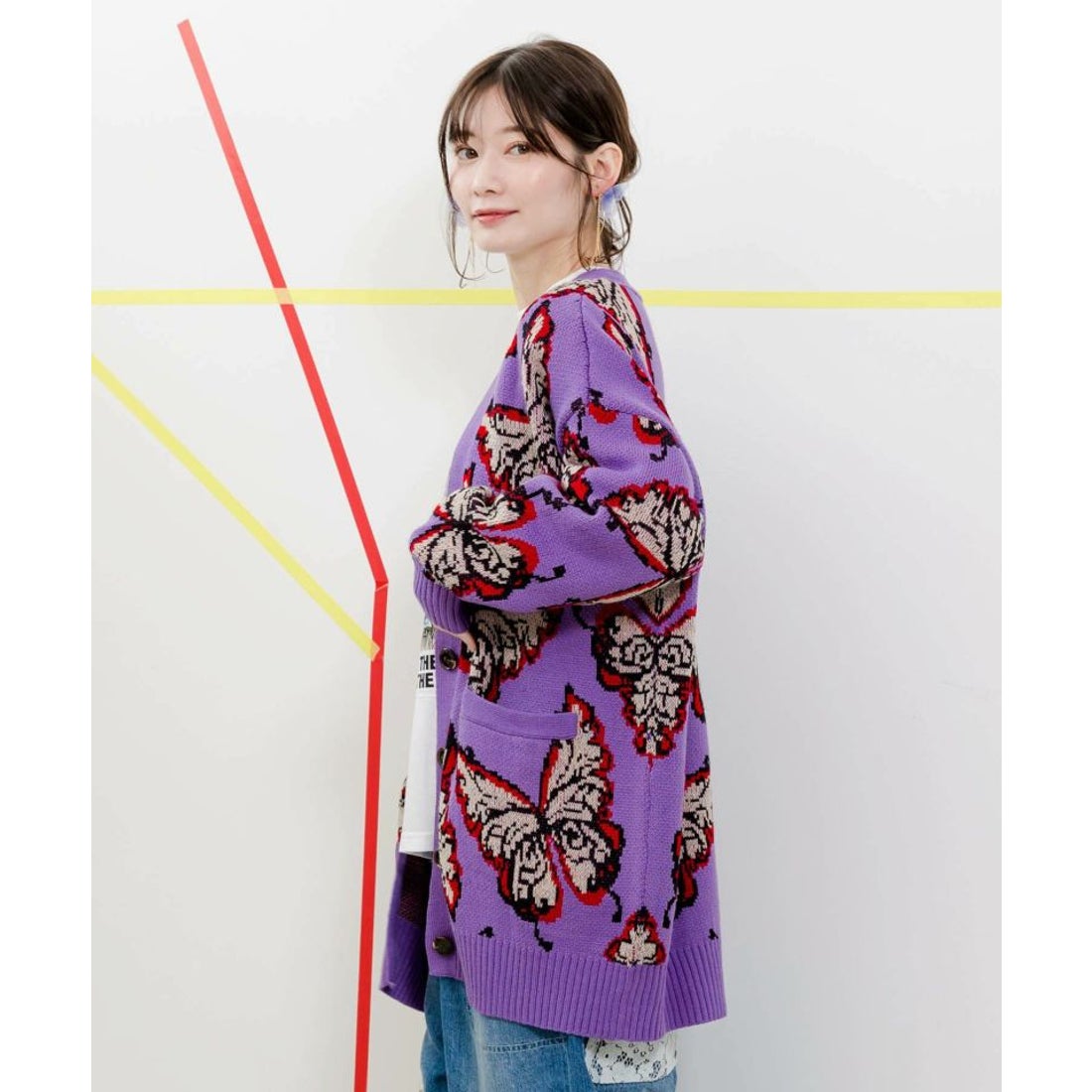 スカラー ScoLar 蝶柄ニットカーディガン （パープル） -靴