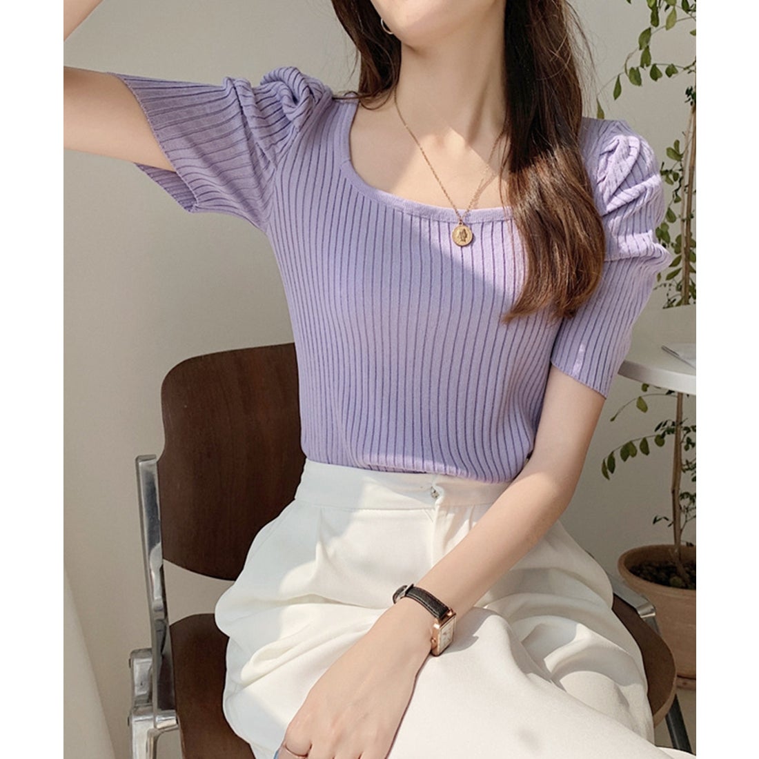 エスイーユー SEU パワーショルダーリブニットトップス （パープル