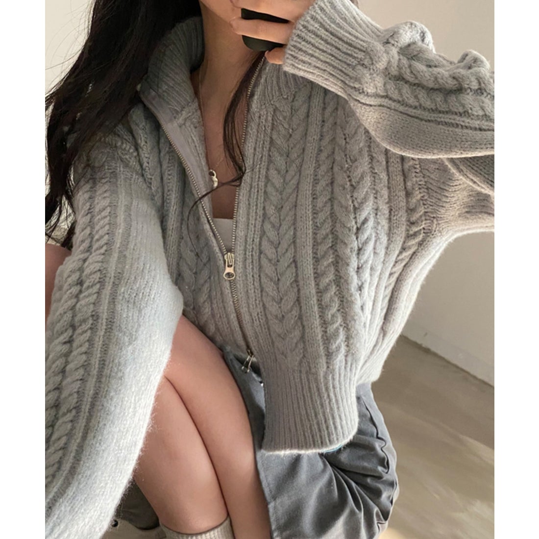 エスイーユー SEU ダブルジップアップケーブルニットカーディガン