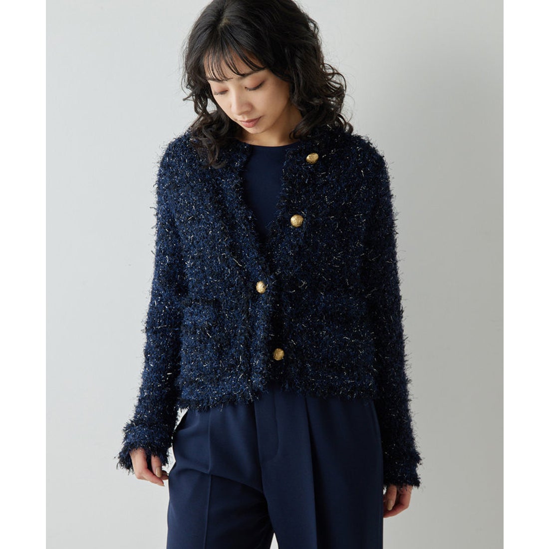 ウィムガゼット Whim Gazette ラメツィードニットジャケット （navy