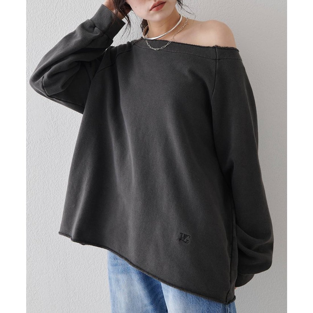 ウィムガゼット Whim Gazette オフショル裏毛プルオーバー （charcoal