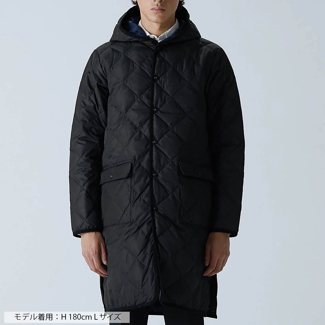 TAION＞シティ パイピングフード ロングダウンコート（ブラック） -WWS