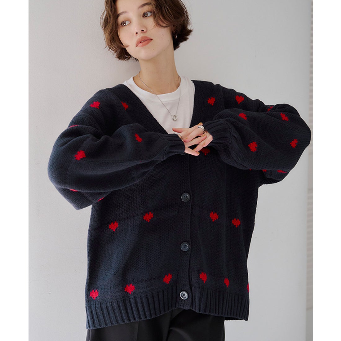 ティティベイト titivate ハートニットカーディガン （ネイビー/レッド