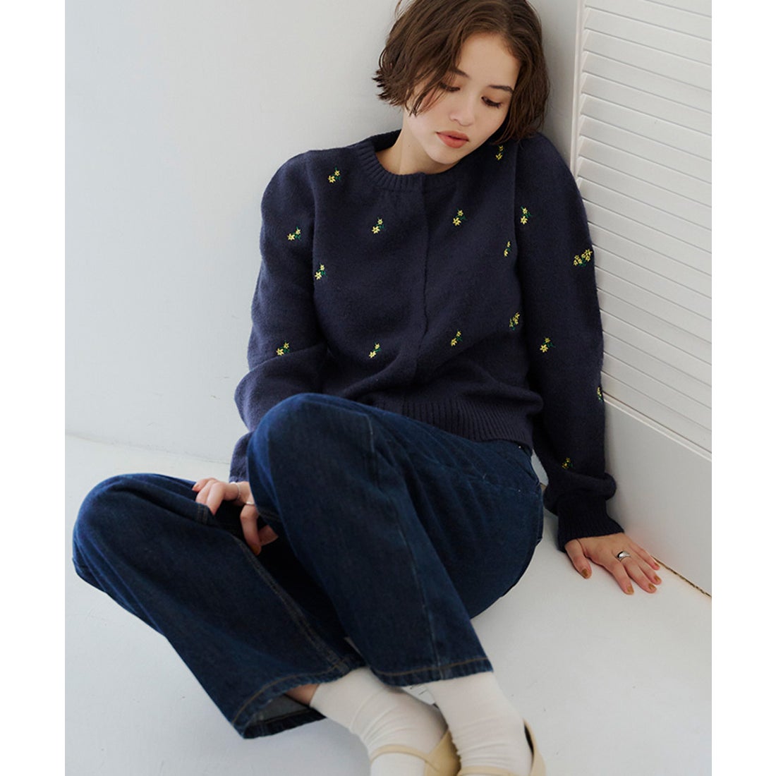 ティティベイト titivate アルパカタッチフラワー刺繍カーディガン