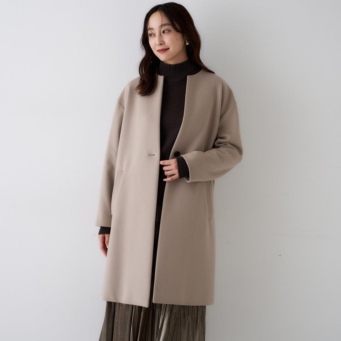 アンタイトル UNTITLED カシミヤ混ノーカラーコート （ライトグレー