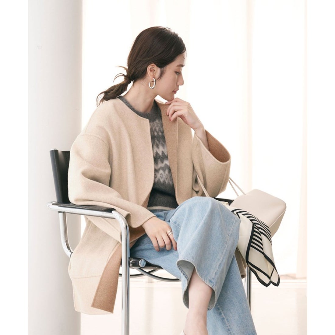 UNITED ARROWS バイカラー リバー ミドルコート （OFF WHITE