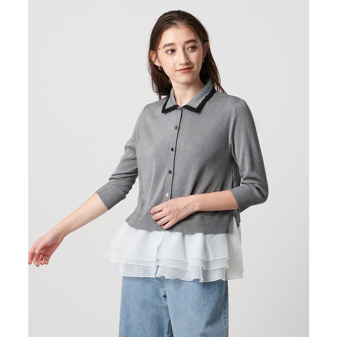 UNITED ARROWS レディー ポロコンビ ニット ウォッシャブル （MD.GRAY