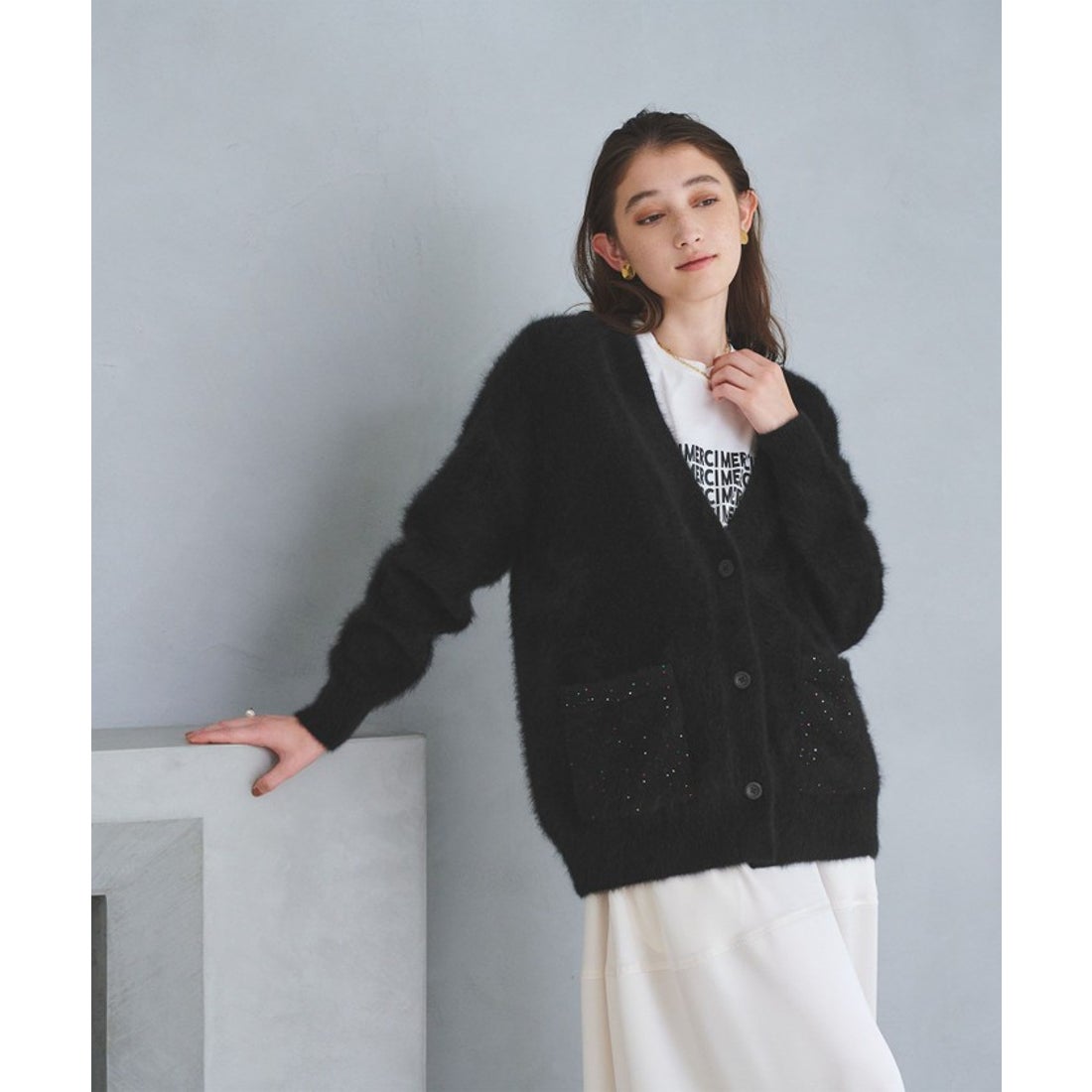 UNITED ARROWS フォックスカシミヤ スパンコール ミドル カーディガン