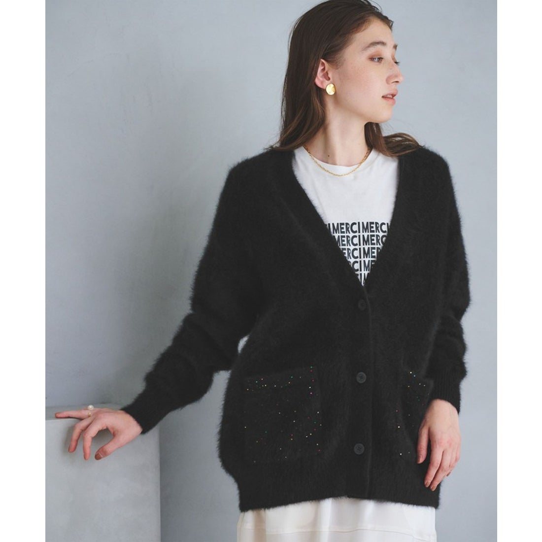 UNITED ARROWS フォックスカシミヤ スパンコール ミドル カーディガン