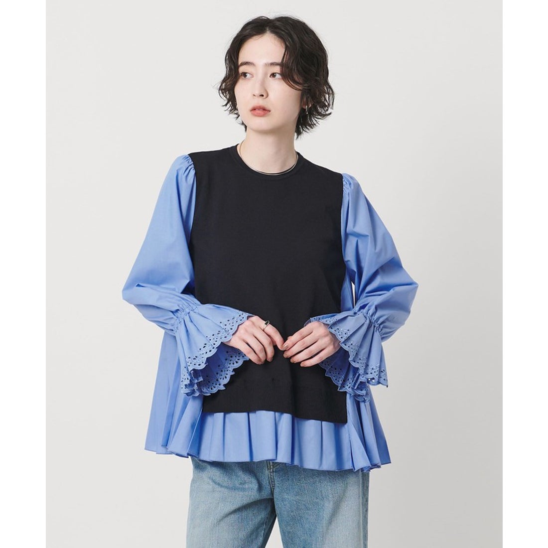 UNITED ARROWS プリーツ コンビ ニット ブラウス ‐ウォッシャブル