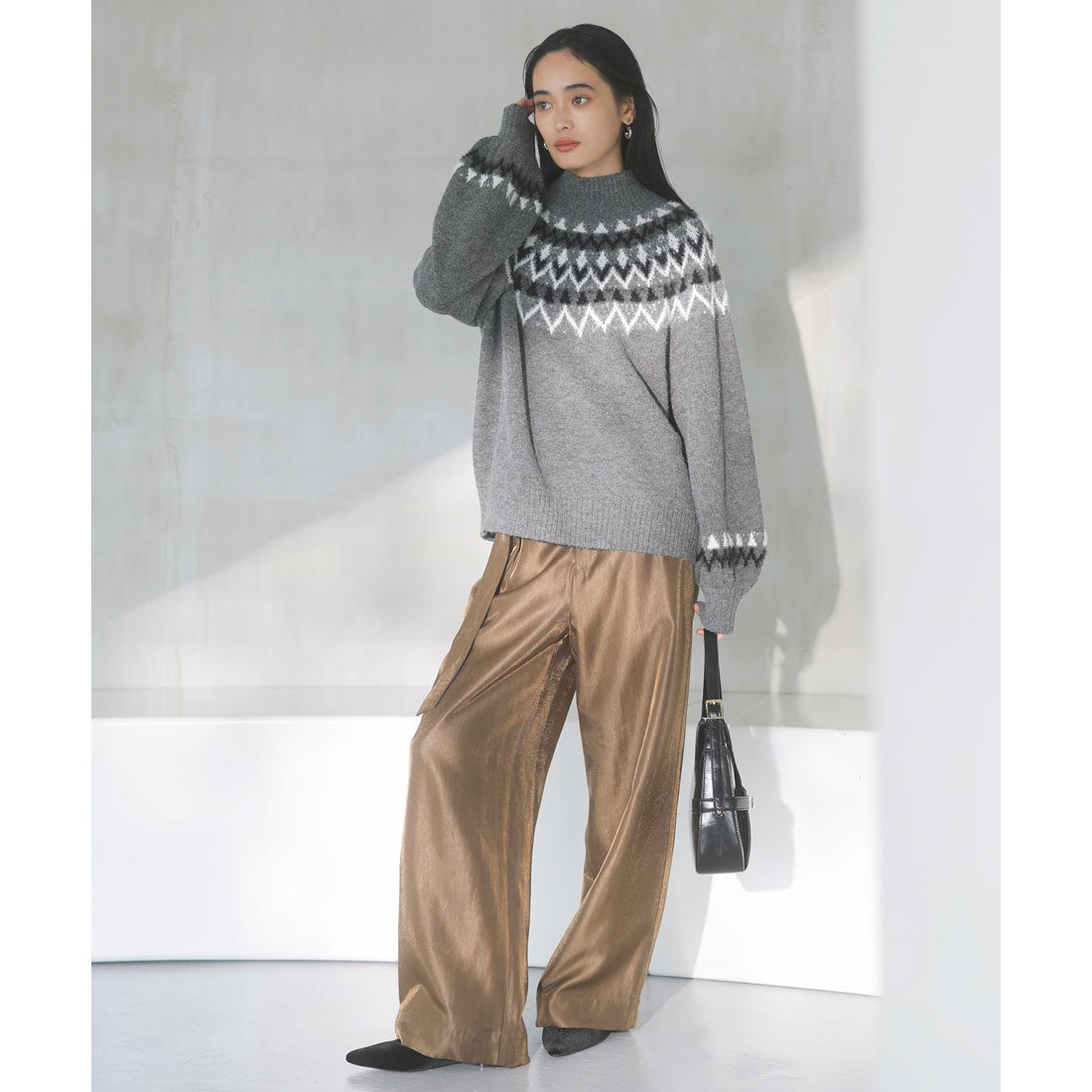 ビス VIS 【洗える】ノルディック柄ハイネックニット （グレー（07