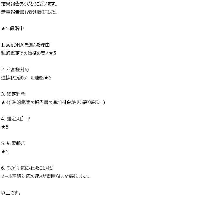 メール連絡対応の速さが素晴らしいと感じました。 | 遺伝子検査・DNA