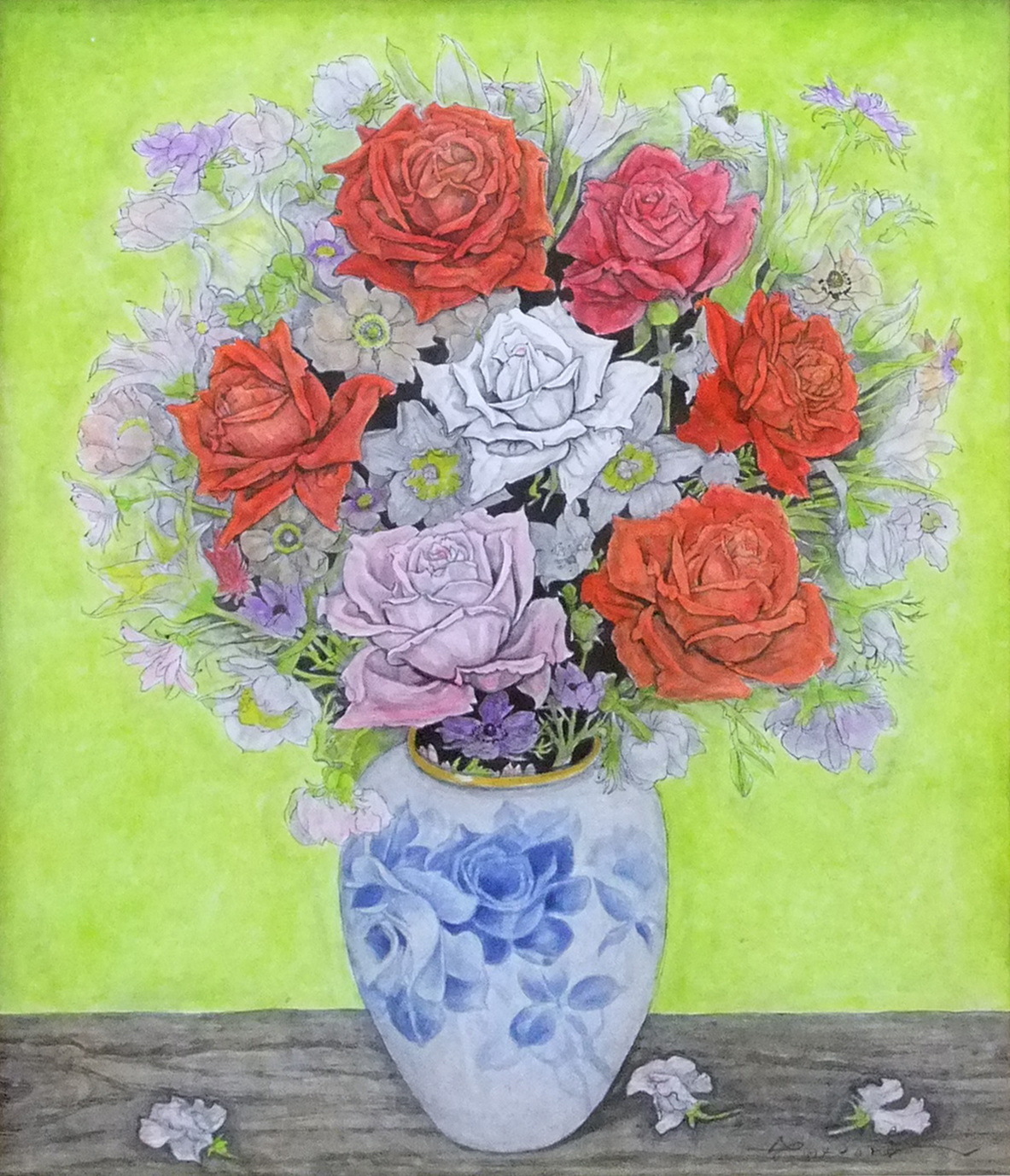 服部和三郎、薔薇とアネモネ 水仙 チューリップ、F10号、真作油絵