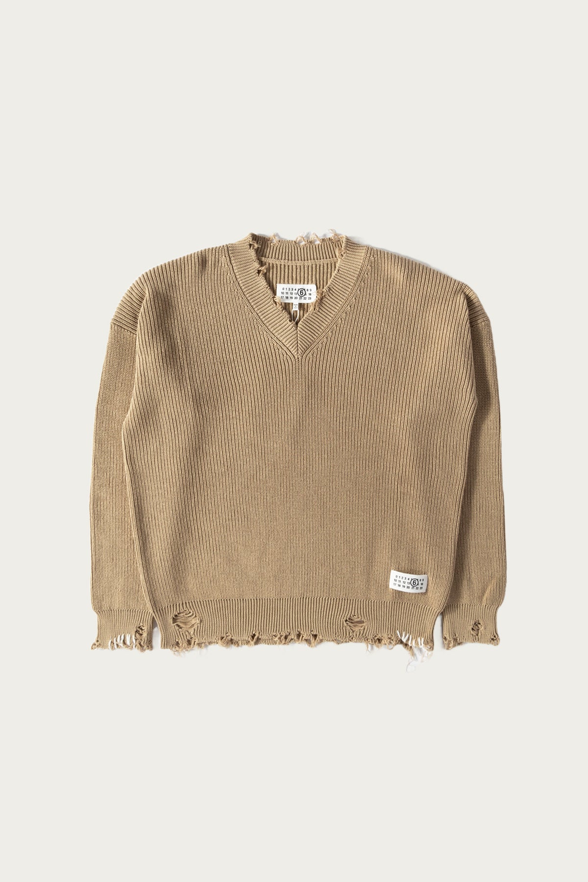 MM6 Maison Margiela Distressed Knit V-Neck Sweater | Camel | Canoe