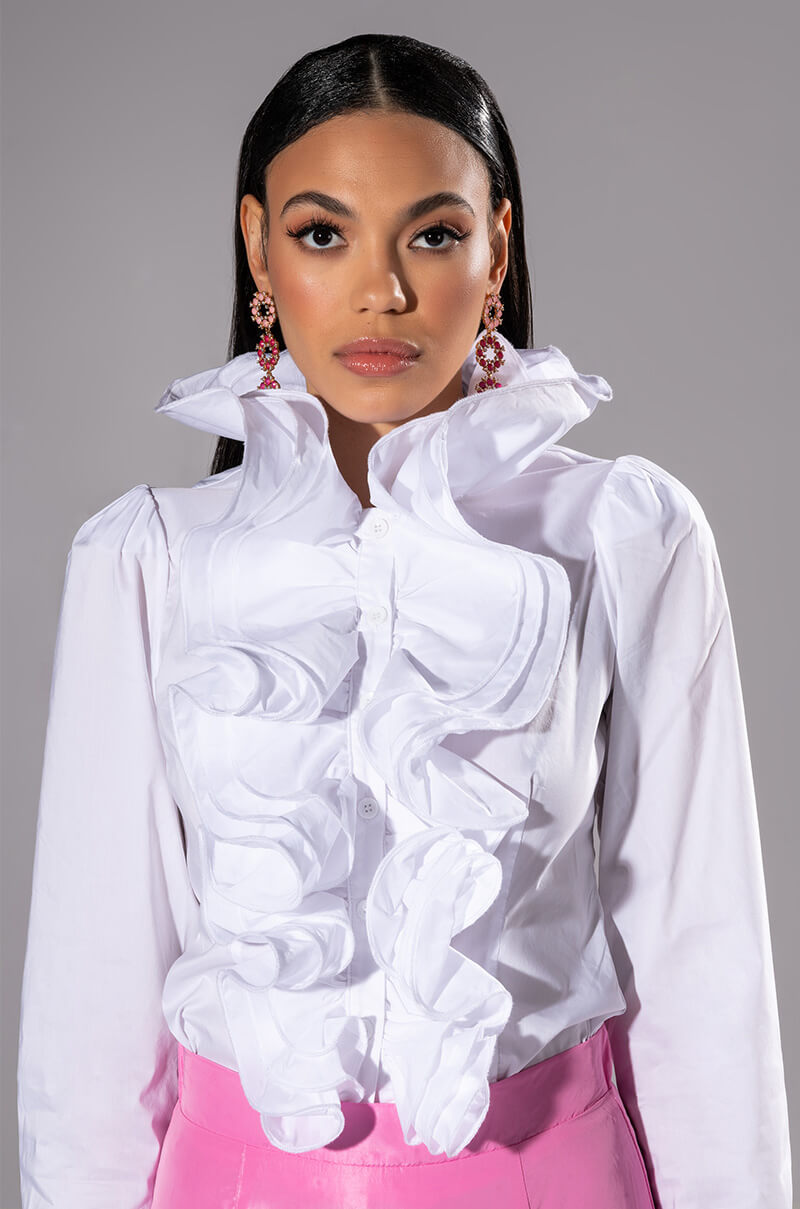 CALISTA STATEMENT RUFFLE COLLAR BUTTON DOWN BLOUSE – AKIRA