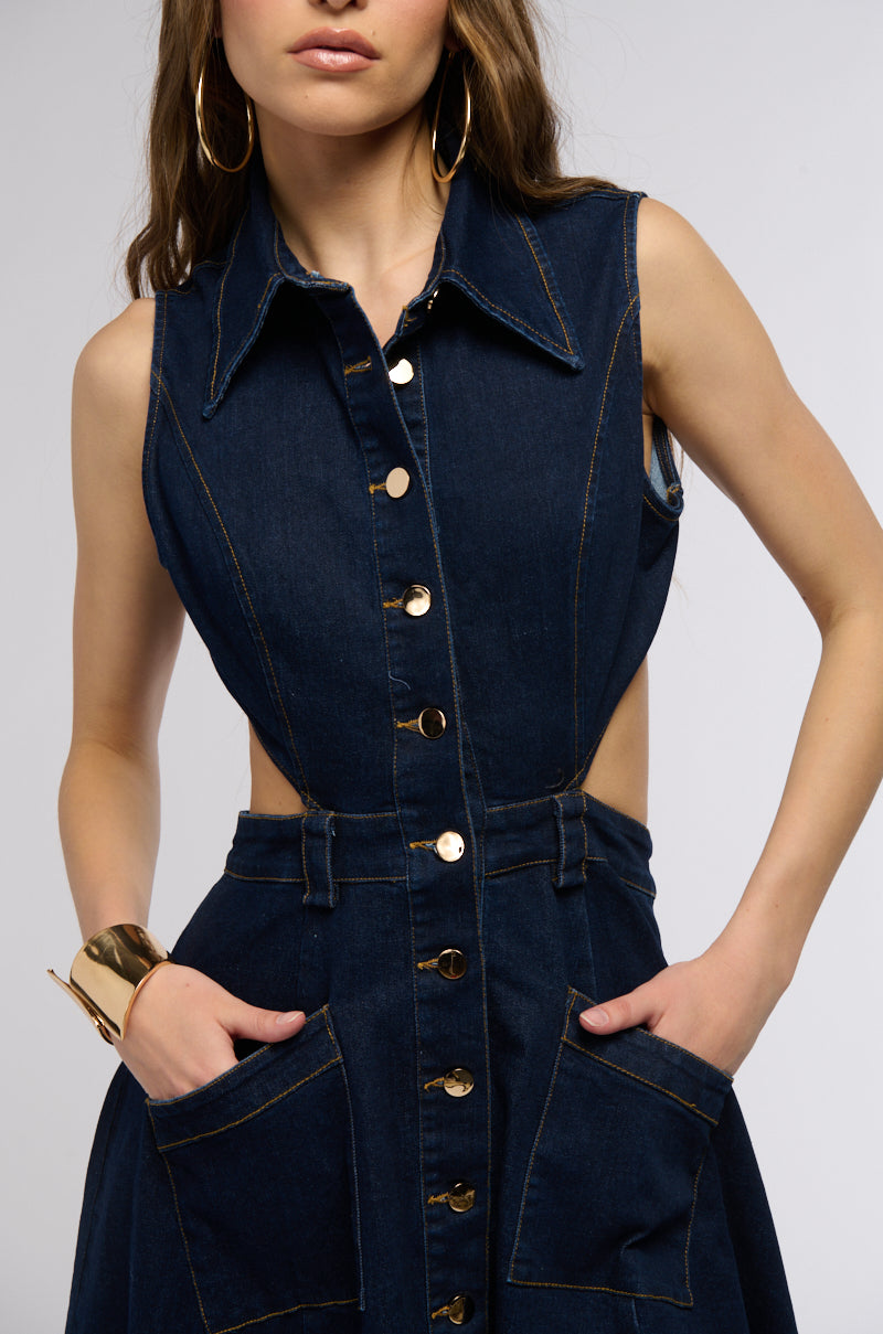 CHIC AF GOLD BUTTON DENIM MIDI DRESS – AKIRA