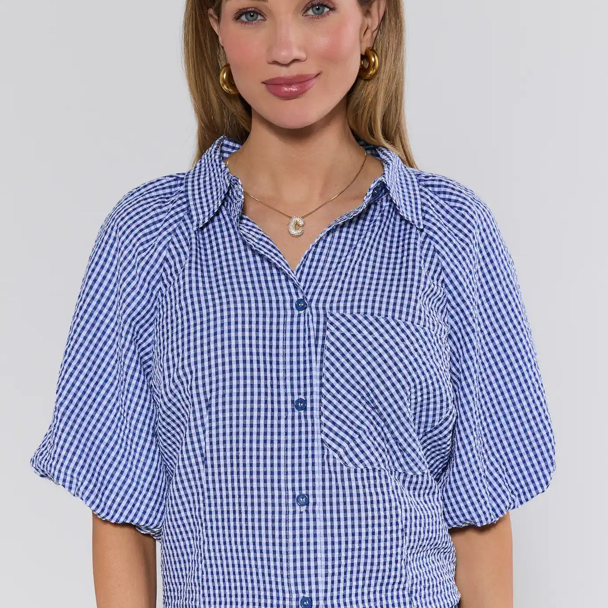 Ashton Navy Gingham Short Sleeve Top | Avara