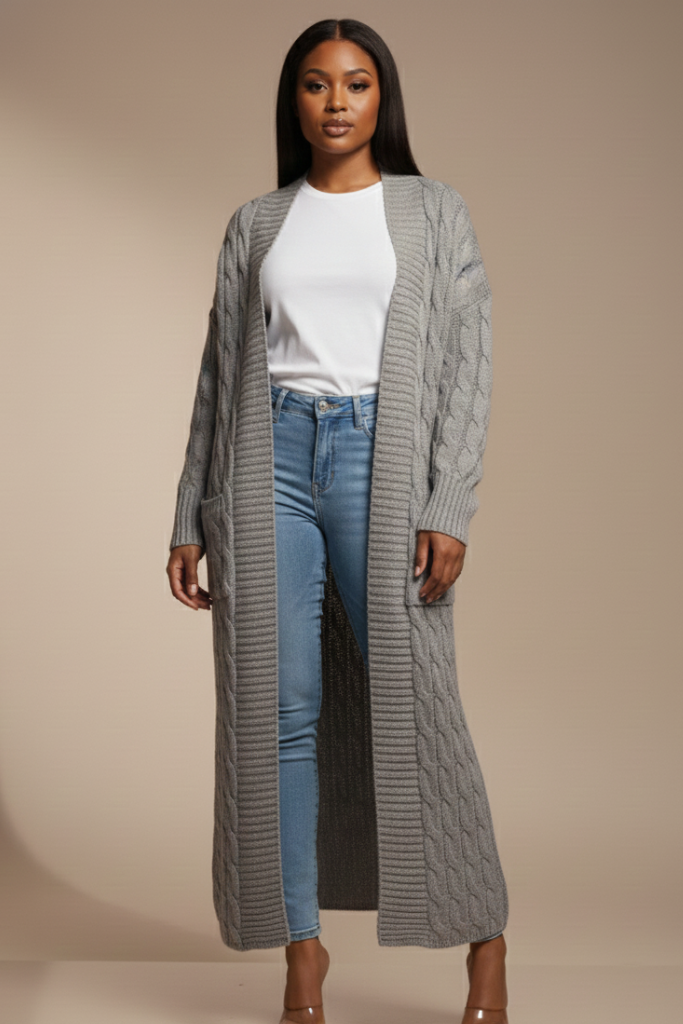 Eaphi】CABLE KNIT CARDIGAN grey Heather Grey Long Cable Knit