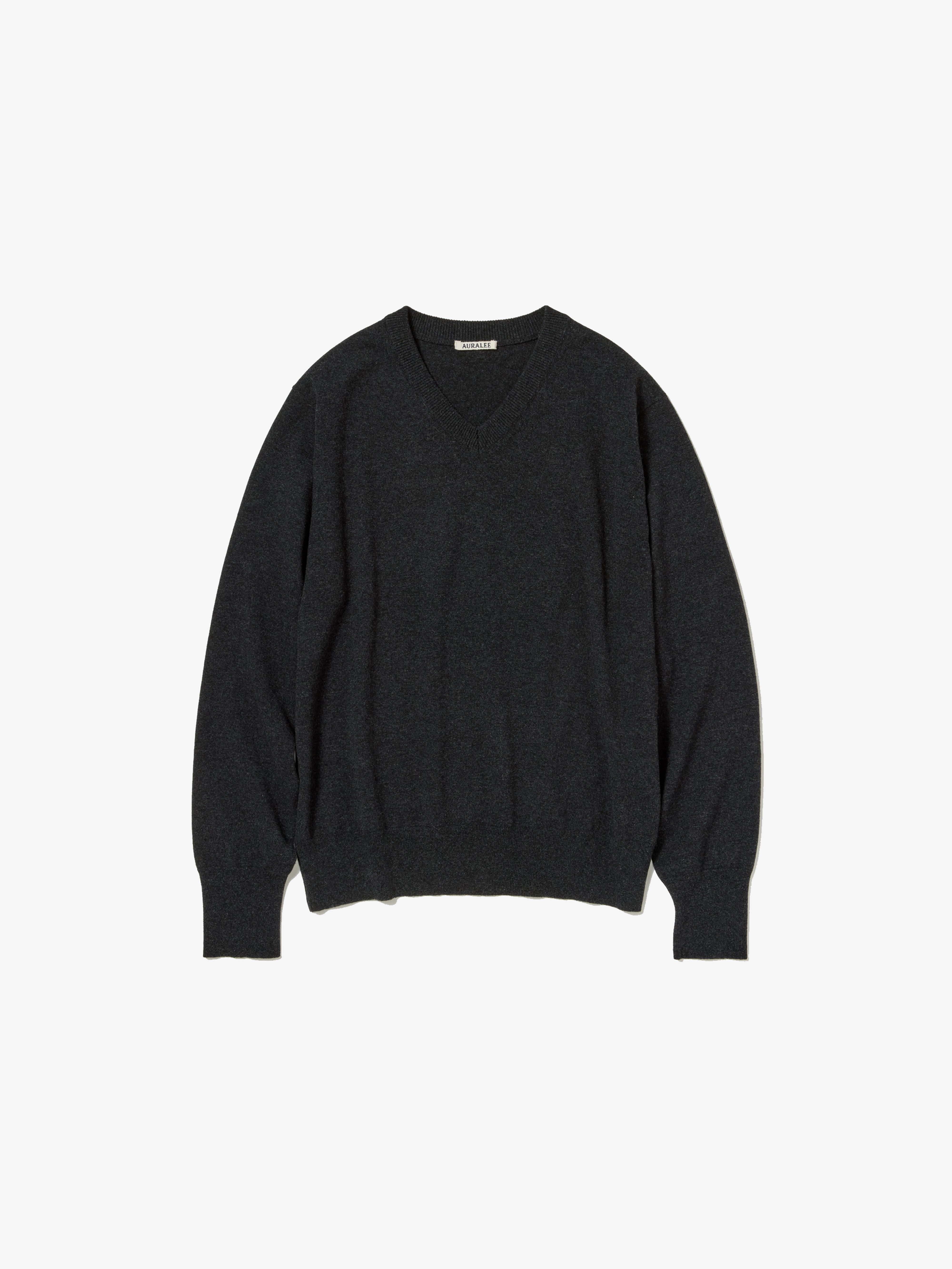 AURALEE: High Twist Wool Knit V-Neck P/O (Charcoal) | DSMG E-SHOP