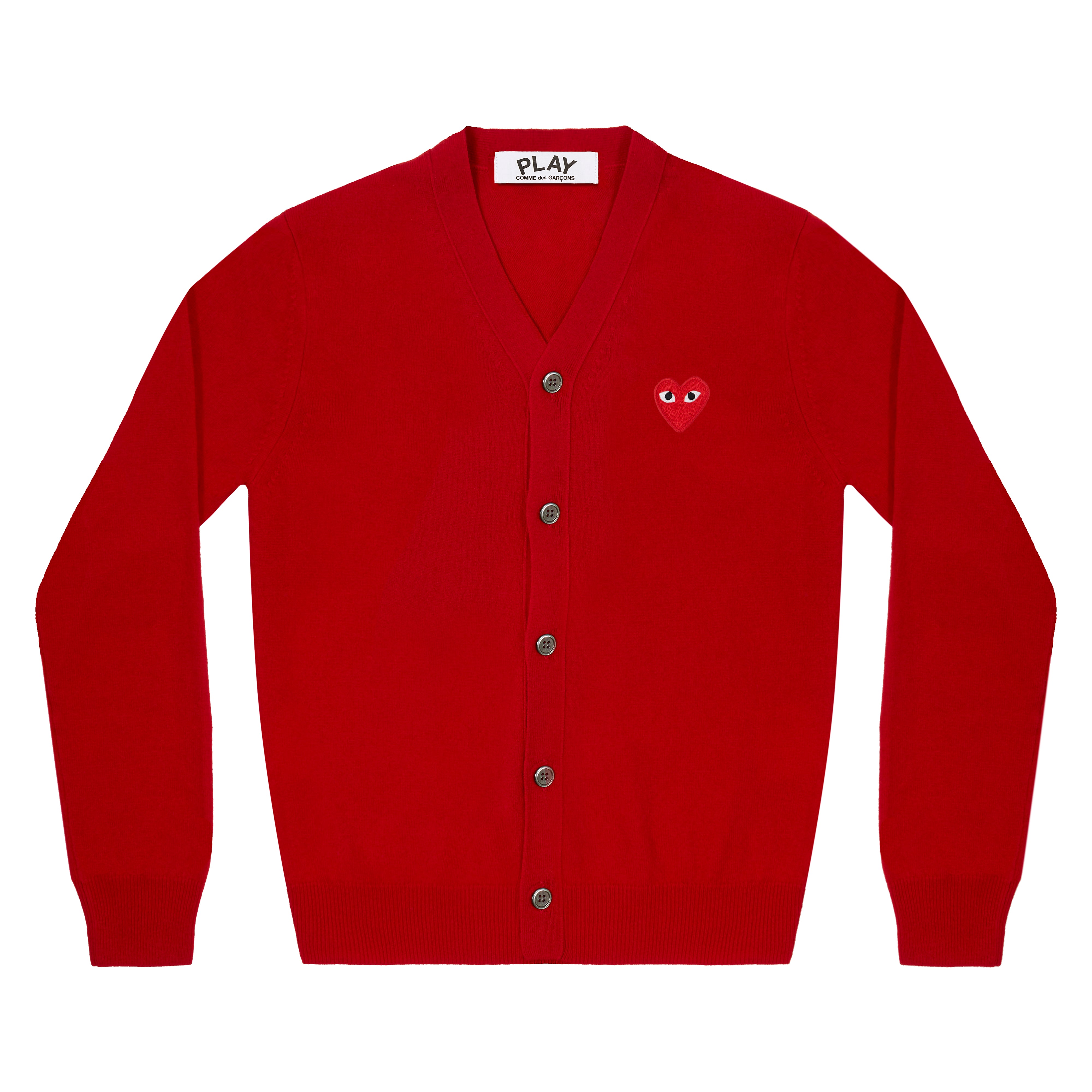 PLAY COMME des GARÇONS: V-Neck Cardigan With Red Emblem (Red