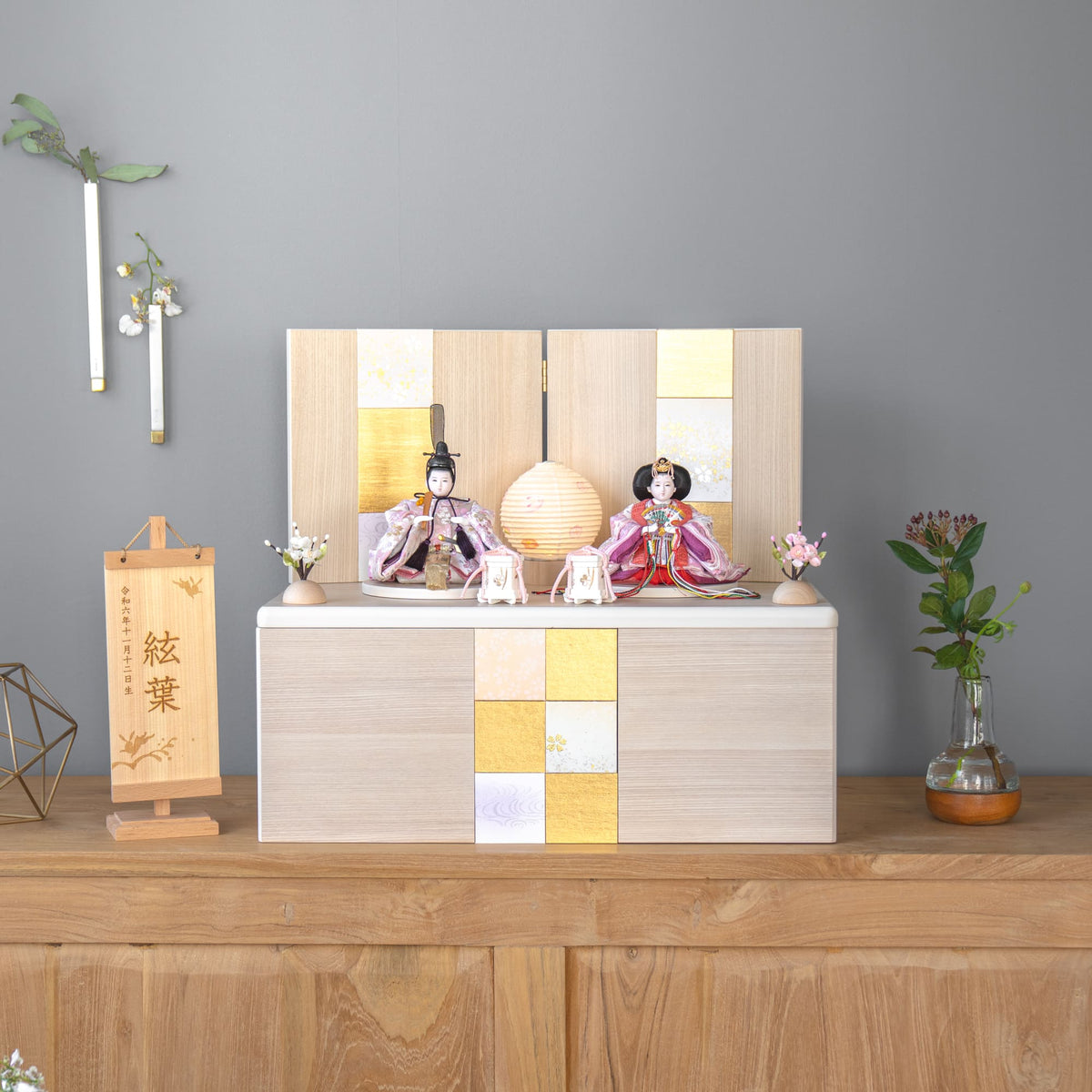沙羅収納飾り 木目白 桃色｜雛人形 お雛様 コンパクトでおしゃれ