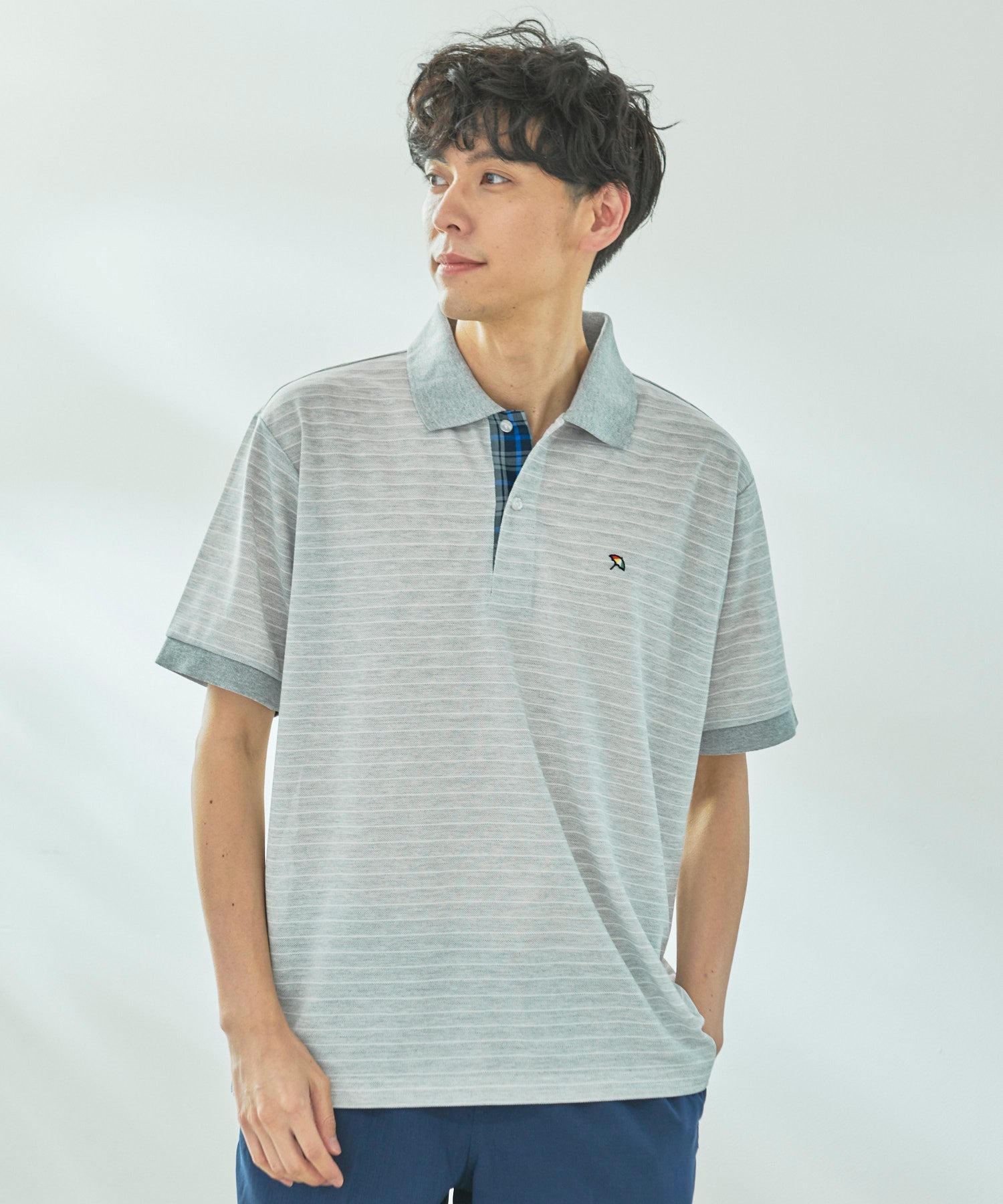 地柄ボーダー ワンポイント刺繍ポロシャツ（ポロシャツ/メンズ