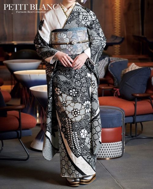プチブラン 絞り柄振袖（白黒染め分けのモノトーン×絞り柄）23023