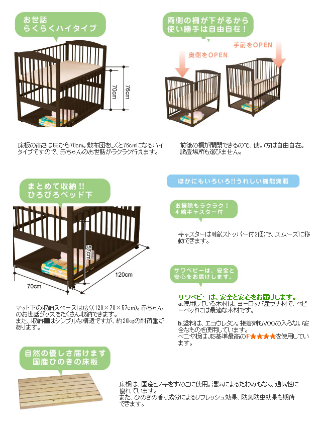 ステラ 澤田工業 標準サイズベビーベッド【レンタル｜小物置き板付