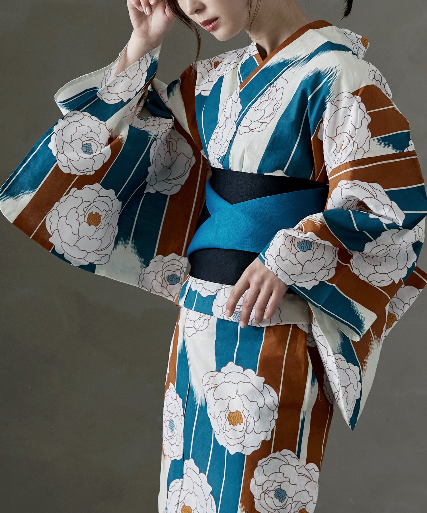 綿仕立て上がり浴衣＋半幅帯 2点セット 矢絣に万寿菊｜浴衣セット - asaka