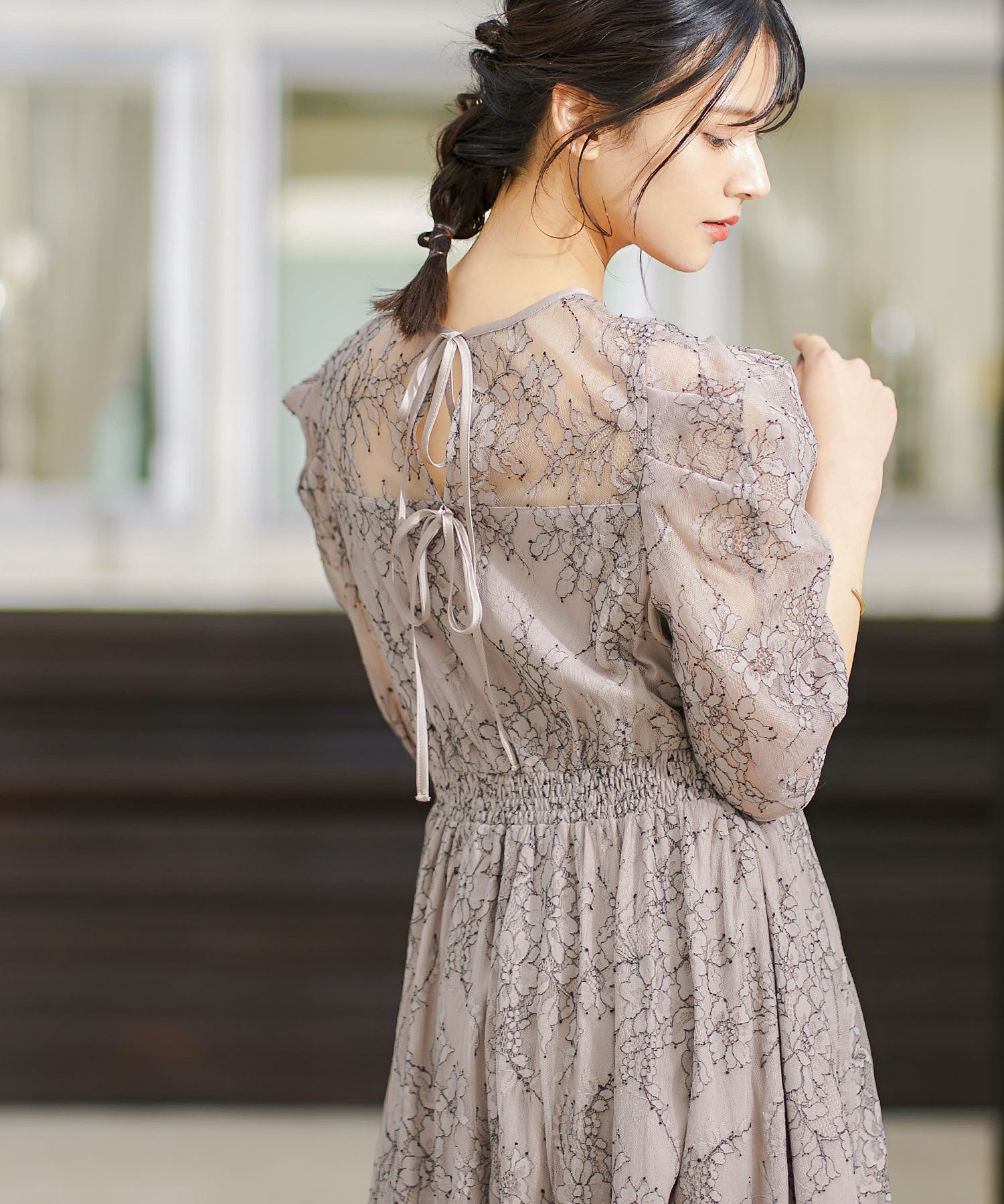 総レースパフスリーブバイカラーパーティードレス｜パーティードレス