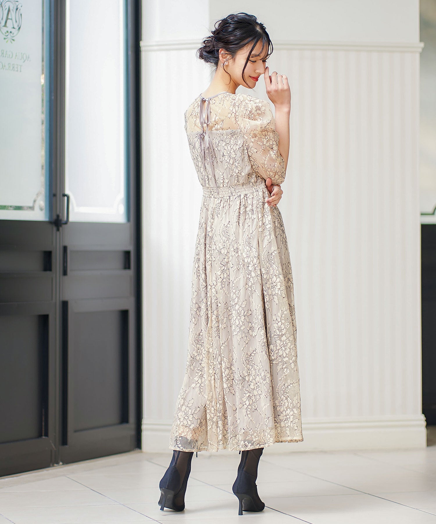 総レースパフスリーブバイカラーパーティードレス｜パーティードレス