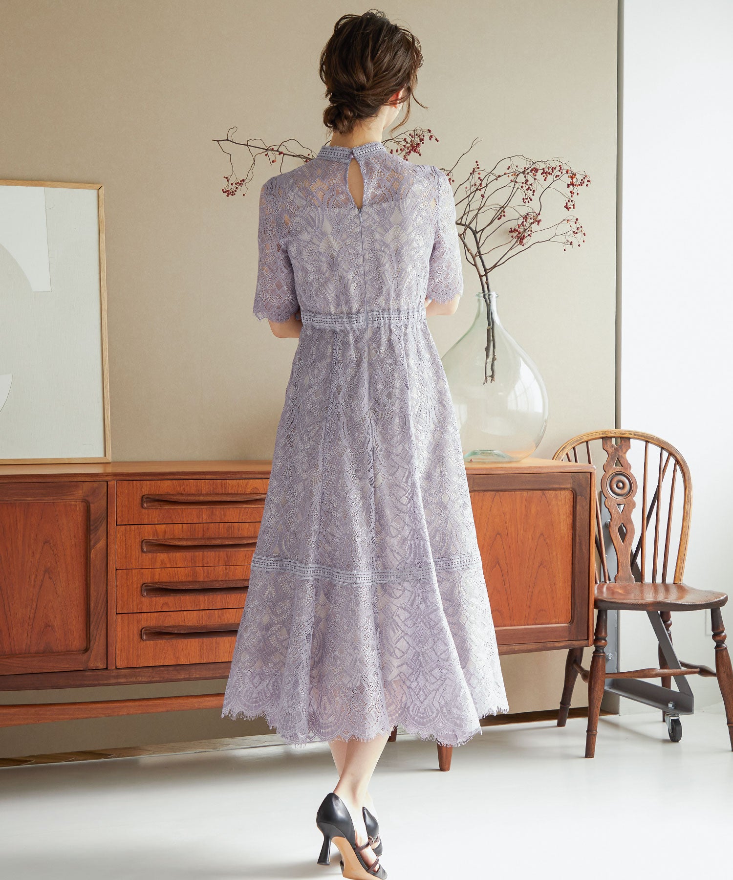 配色レース×ハシゴレース切り替えワンピースパーティードレス