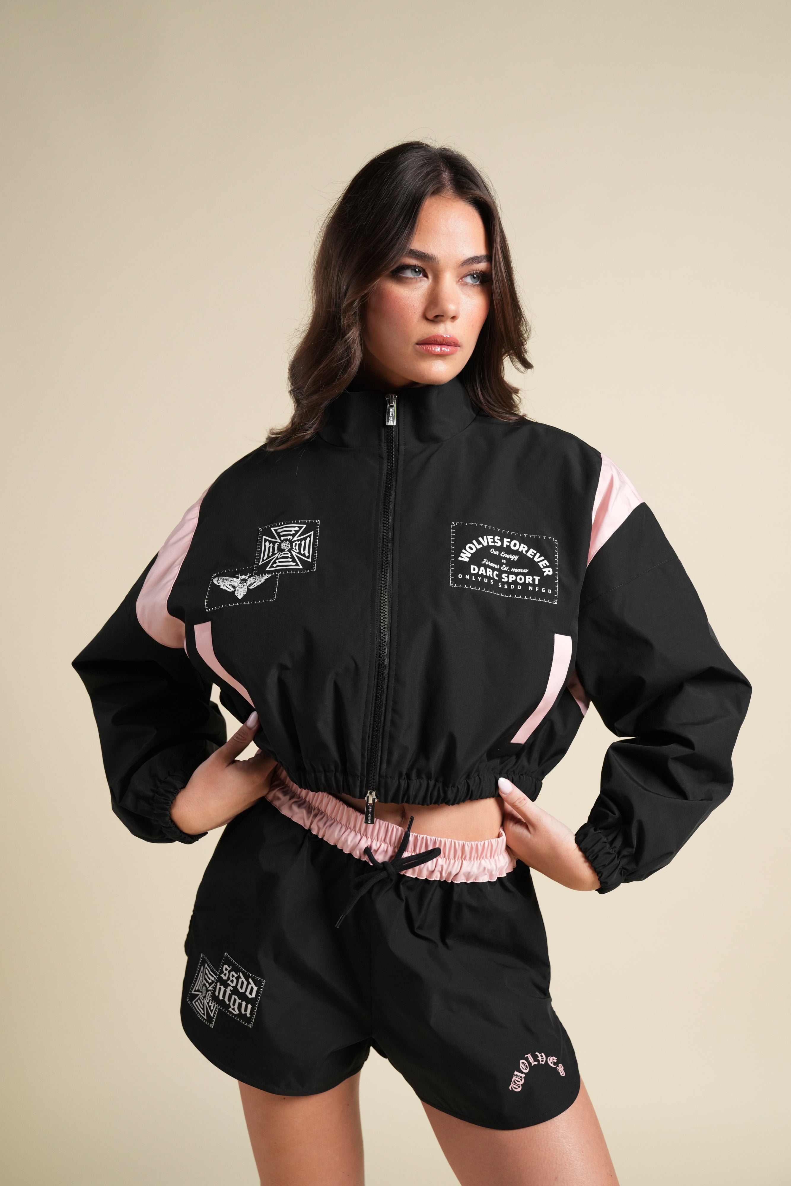 Chopper Core Applique Nadia Track Jacket in Black/Cherry Blossom