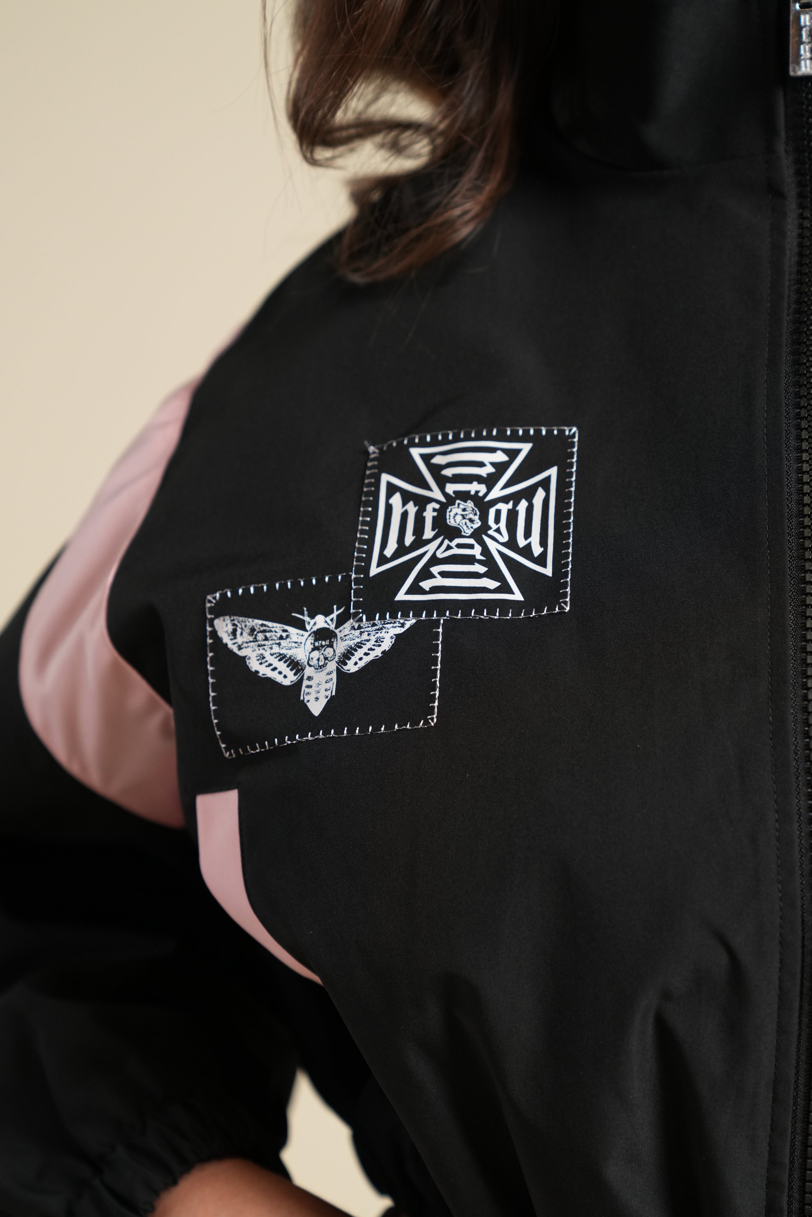 Chopper Core Applique Nadia Track Jacket in Black/Cherry Blossom