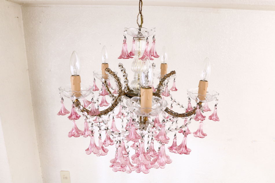 イタリアンムラーノガラス ピンククリスタルシャンデリア(5灯