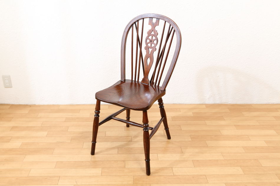 英国アンティーク木製ホイールバックチェア/ダイニングイス/椅子(91
