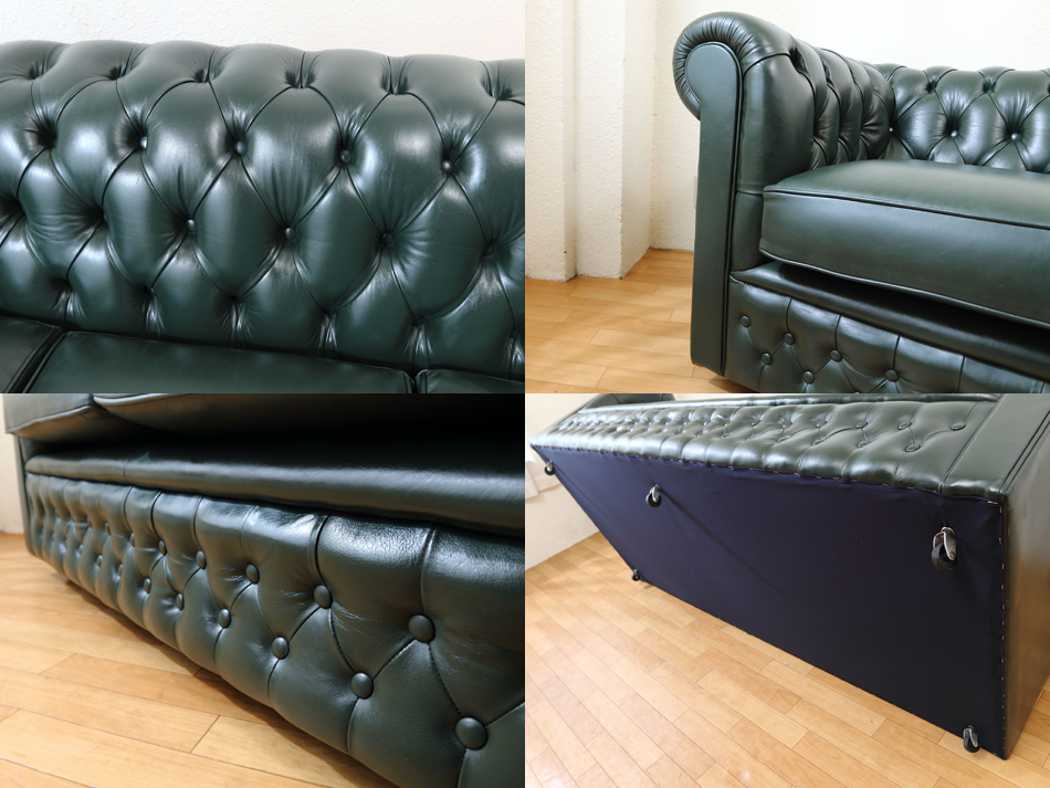 チェスターフィールド ブリティッシュグリーンレザー 3P クラブソファ