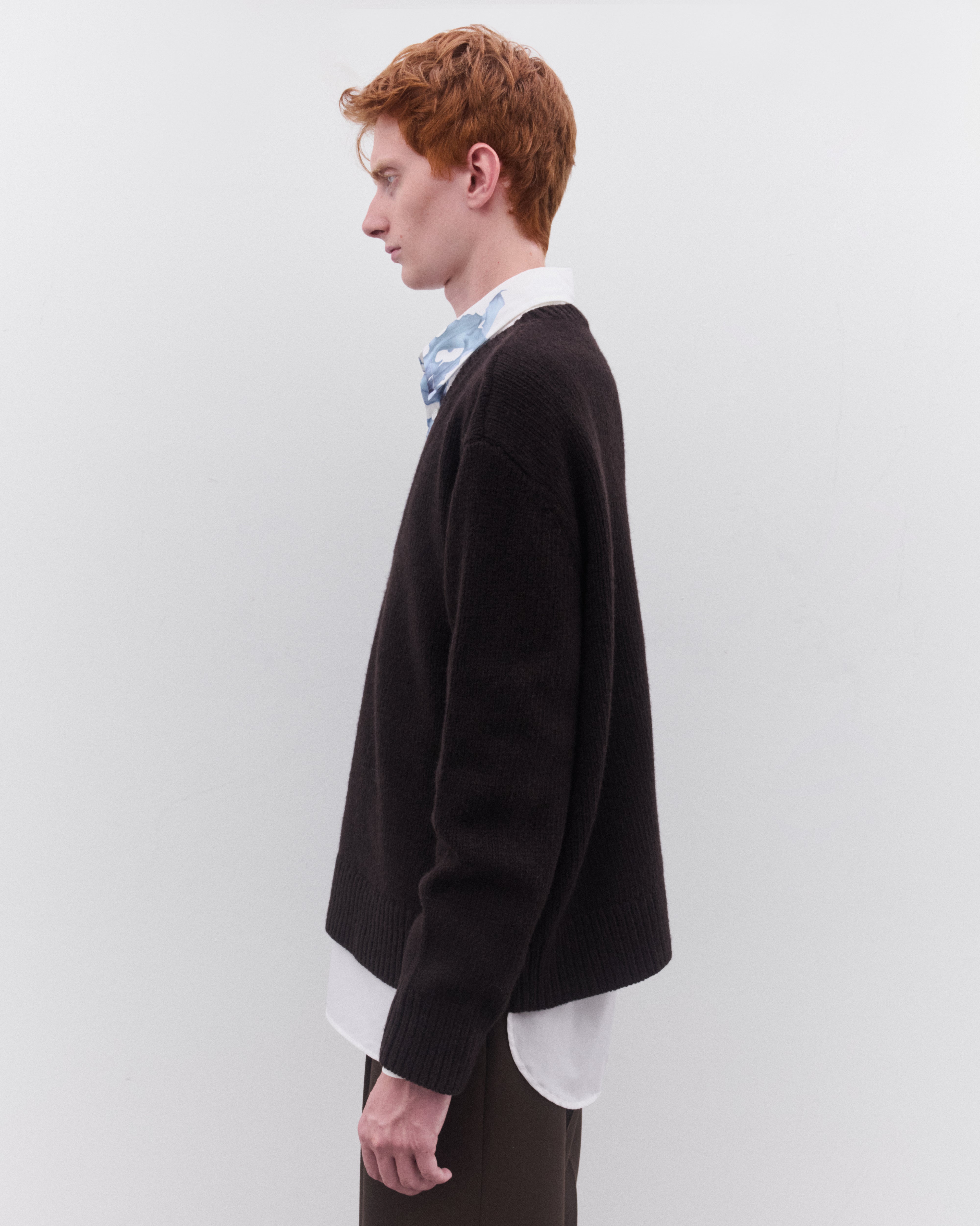 Dries Van Noten: Men's V-Neck Sweater (Dark Brown) | DSML E-SHOP