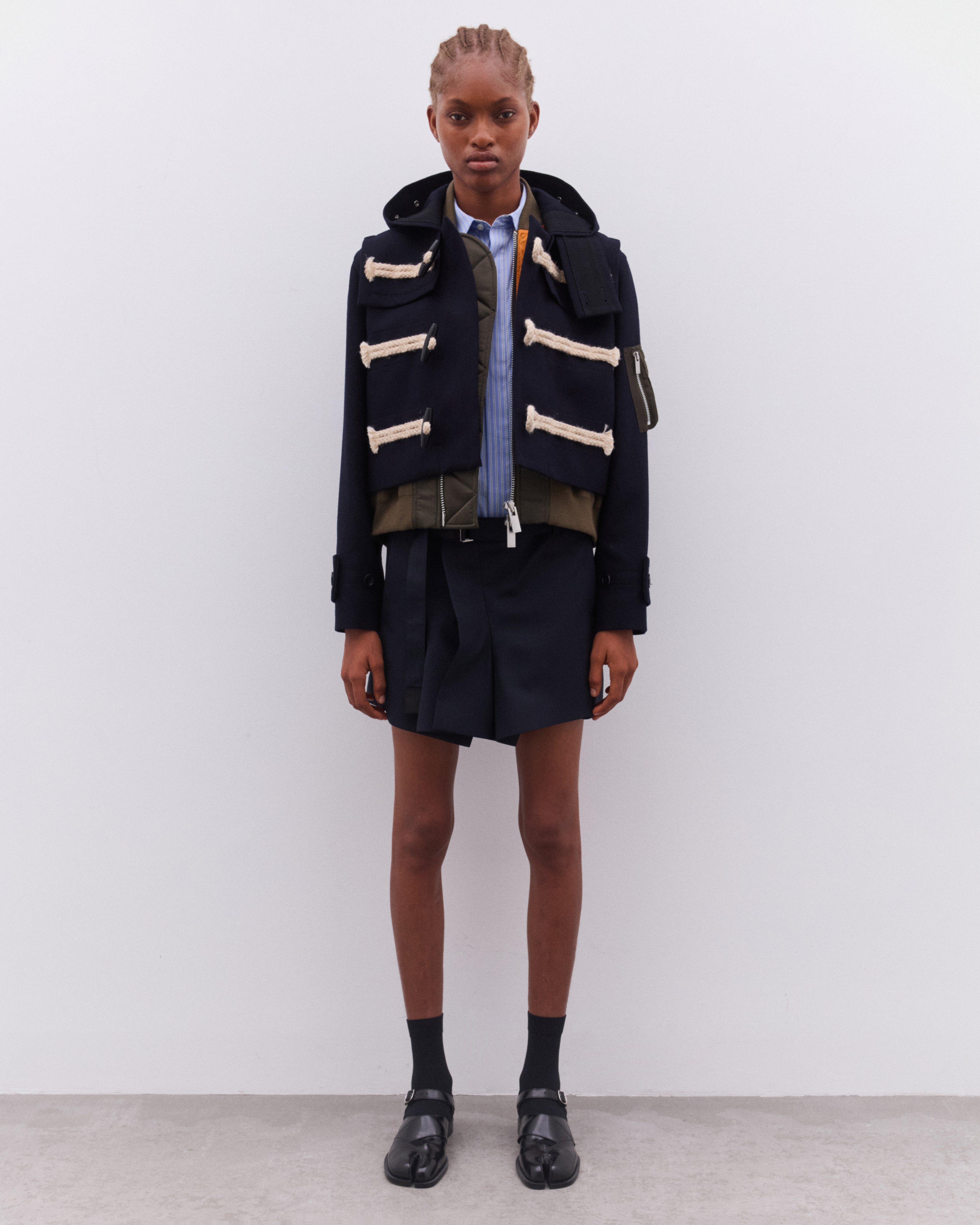 sacai: Women's Wool Melton Jacket (Navy/Green) | DSML E-SHOP