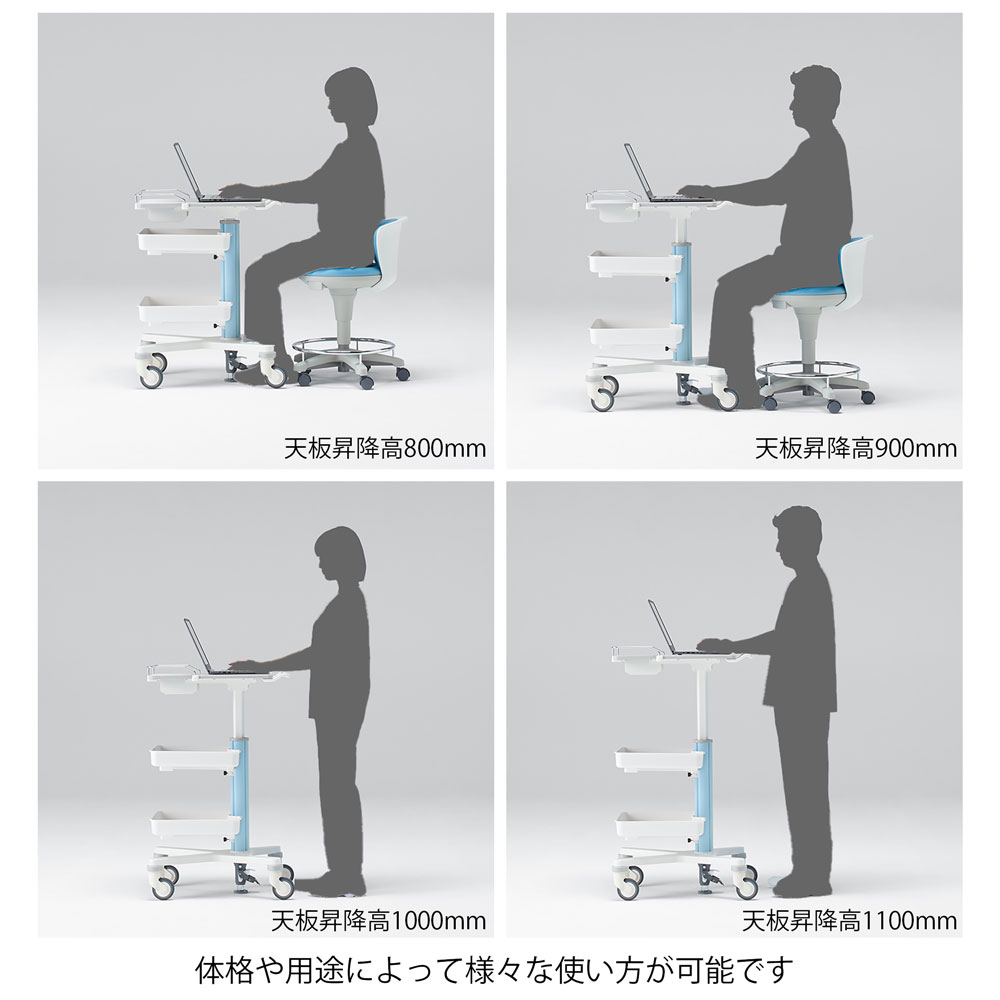 メディワークカート-S 2段スライド天板 トレイ2段タイプ(ホワイト