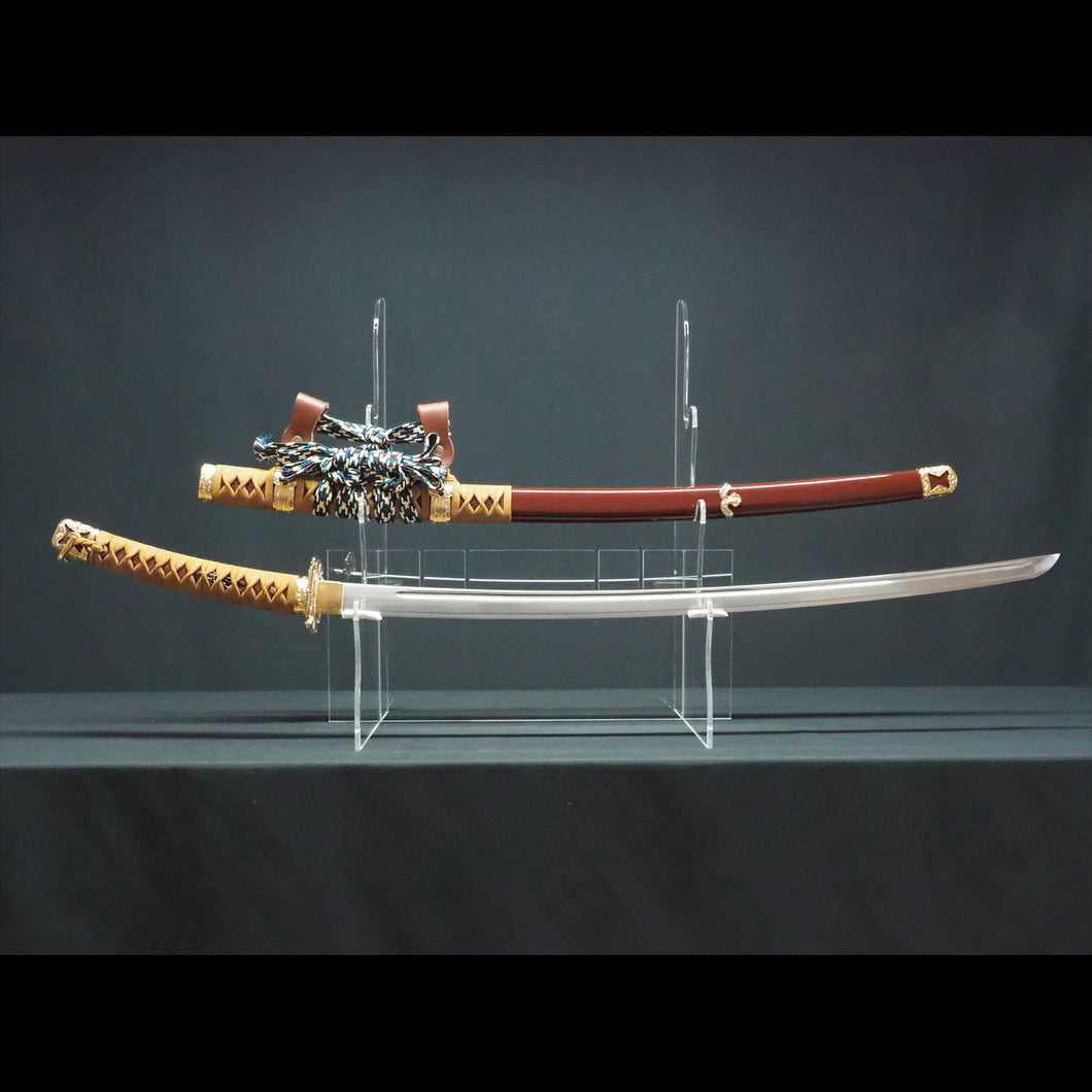 即納品】朱呂塗鞘略太刀拵 金色唐草文総金具 太刀掛台付き｜居合刀の