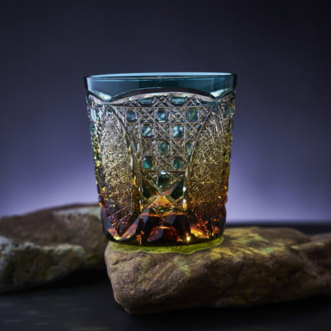 江戸切子 伝統工芸士 木村泰典 作 菊繋ぎに籠目紋 オールドグラス 琥珀