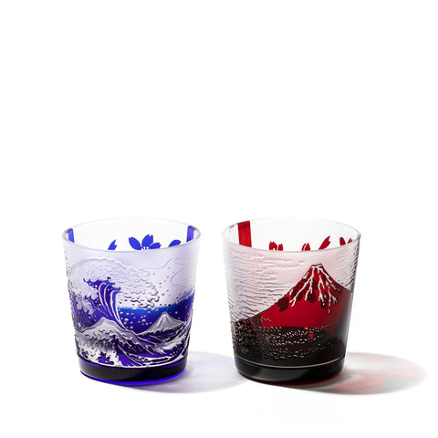 江戸硝子 - 葛飾北斎 赤富士・波富士に桜 ペアフリーカップ（赤・ルリ