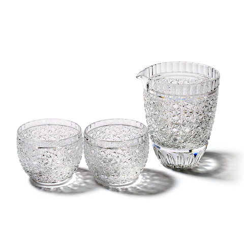 江戸切子 伝統工芸士 木村泰典 作 菊籠目紋 酒器三点揃 透き ｜江戸