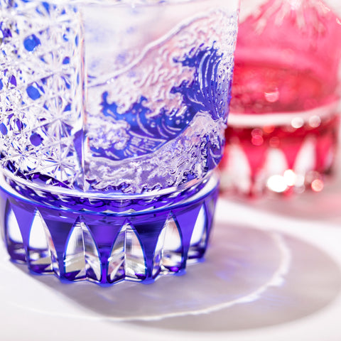 江戸切子 伝統工芸士 木村泰典 作 富嶽三十六景「神奈川沖波裏」に菊籠